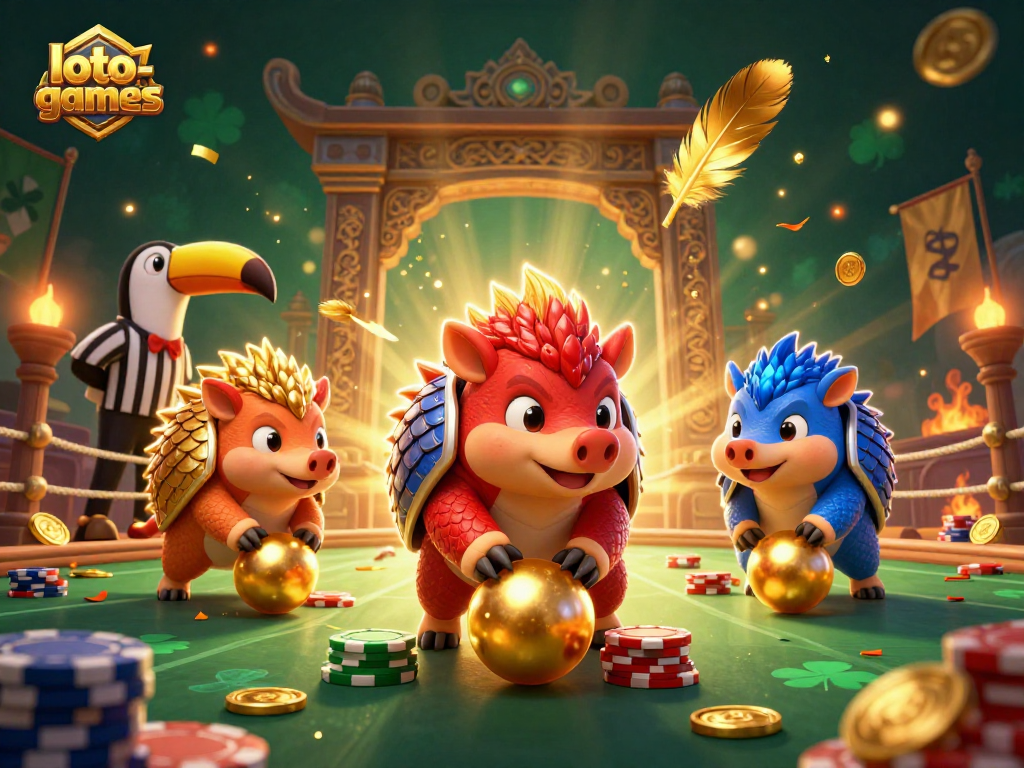 Experience thrilling moments with loto-games featuring rival pangolins battling in a vibrant casino scene.