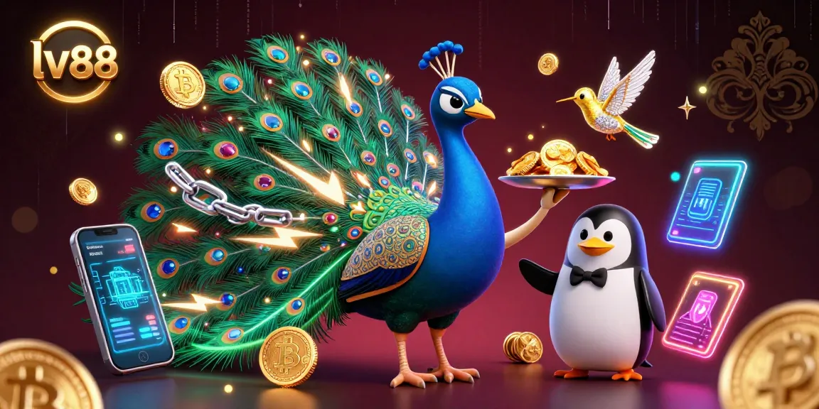 Experience the excitement at lv88 with a vibrant 3D illustration showcasing a peacock and penguin in a luxurious casino.
