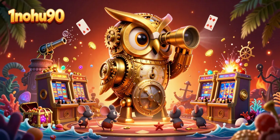 Experience thrilling wins at 1nohu90 with a vibrant casino scene showcasing a golden owl and lively gameplay.