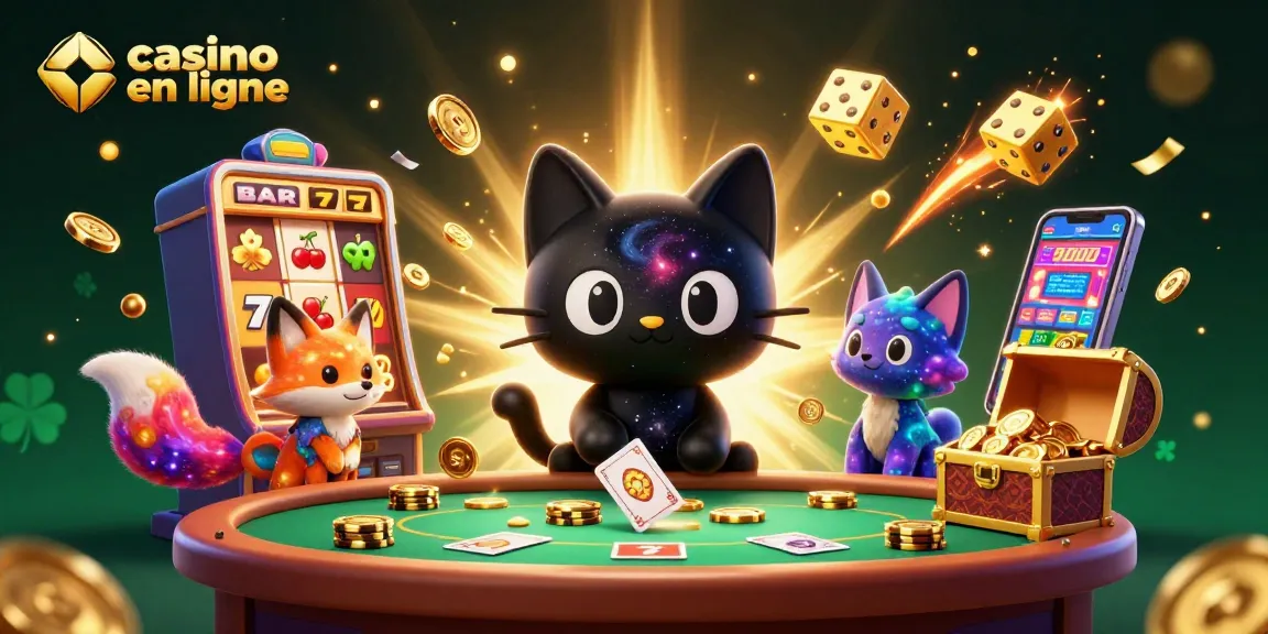 Plongez dans le monde du casino en ligne avec ce chat noir en gravité attirant des jetons et des cartes, accompagné d'un renard nébuleux.