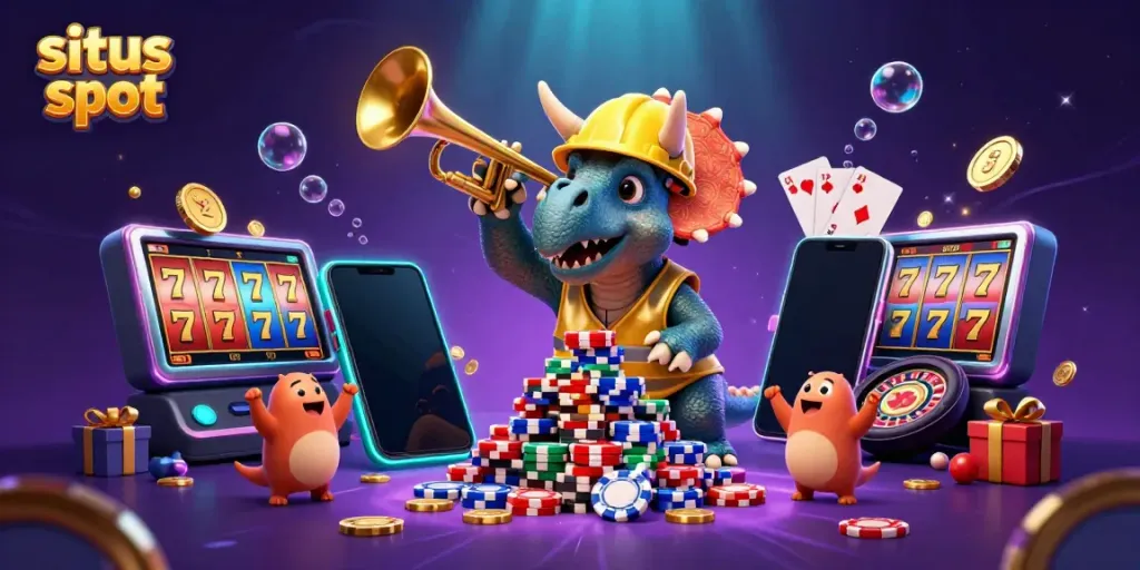 Gambaran penuh energi dari situs slot dengan triceratops dan parasaurolophus merayakan keberuntungan.