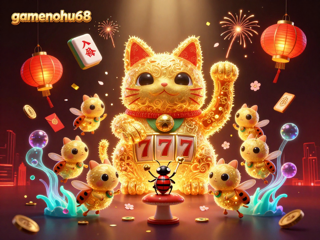 Experience gamenohu68's vibrant online casino magic through a dynamic 3D illustration packed with festive elements.
