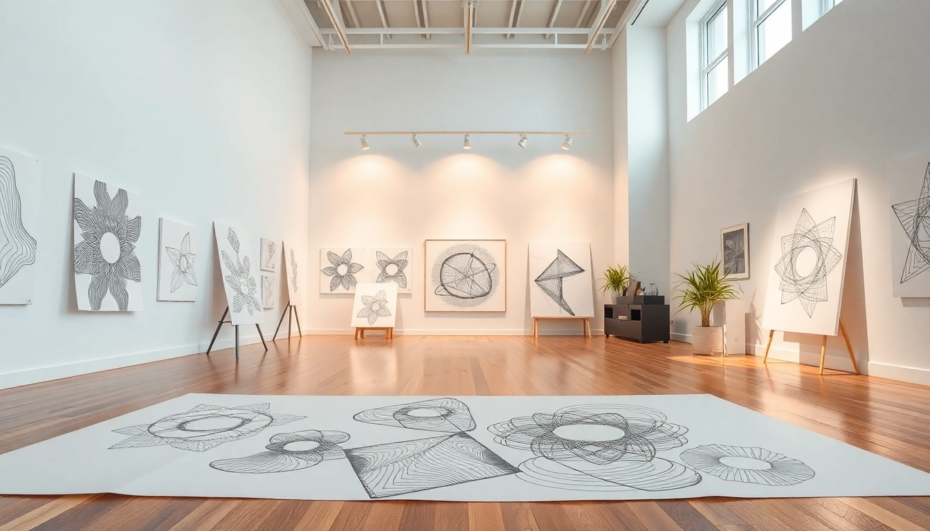 創造性的線條藝術作品展示在現代畫廊中，突顯了線條的美感。