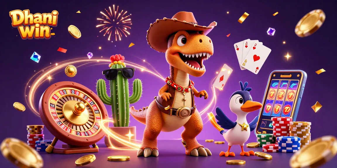 Dhani win showcases thrilling gameplay with a whimsical T-Rex, cactus, and roadrunner surrounded by casino riches.