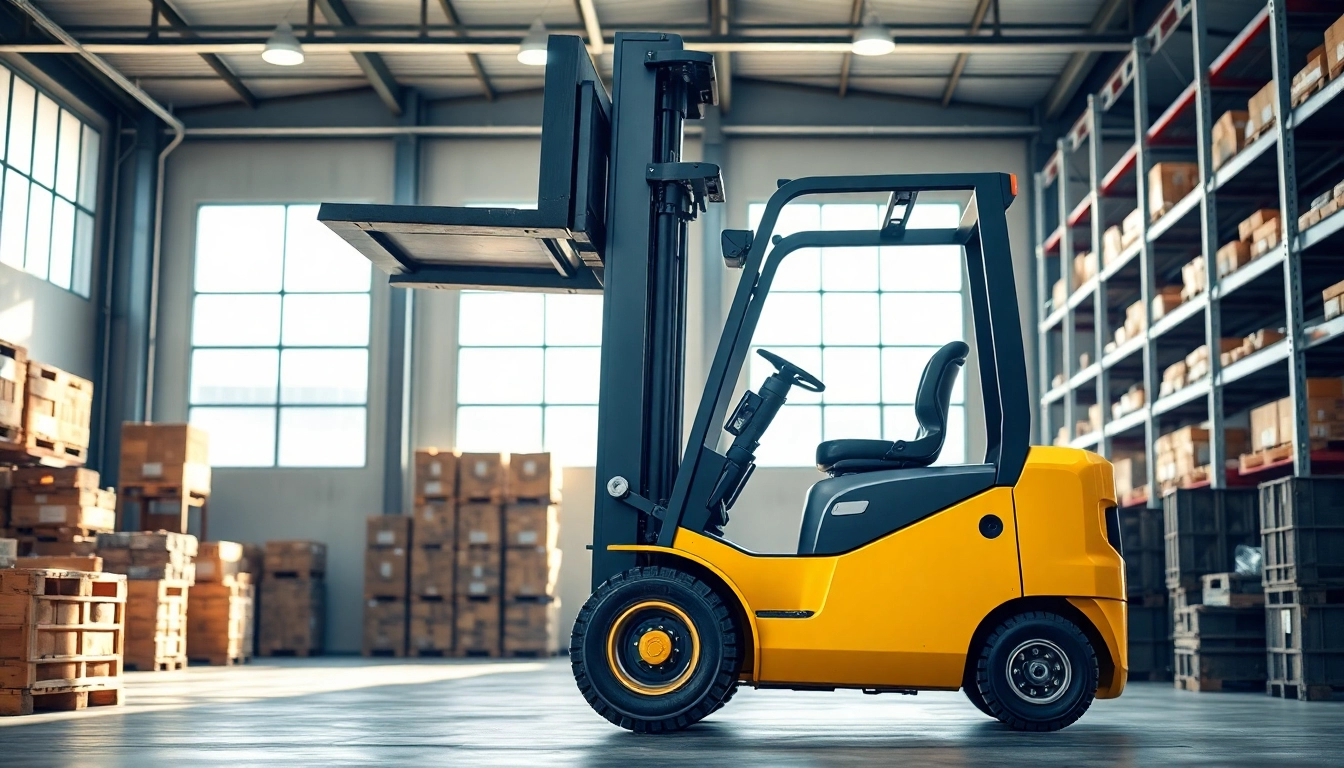 Operative forklift lifting loads in a warehouse, showcasing industrial efficiency.