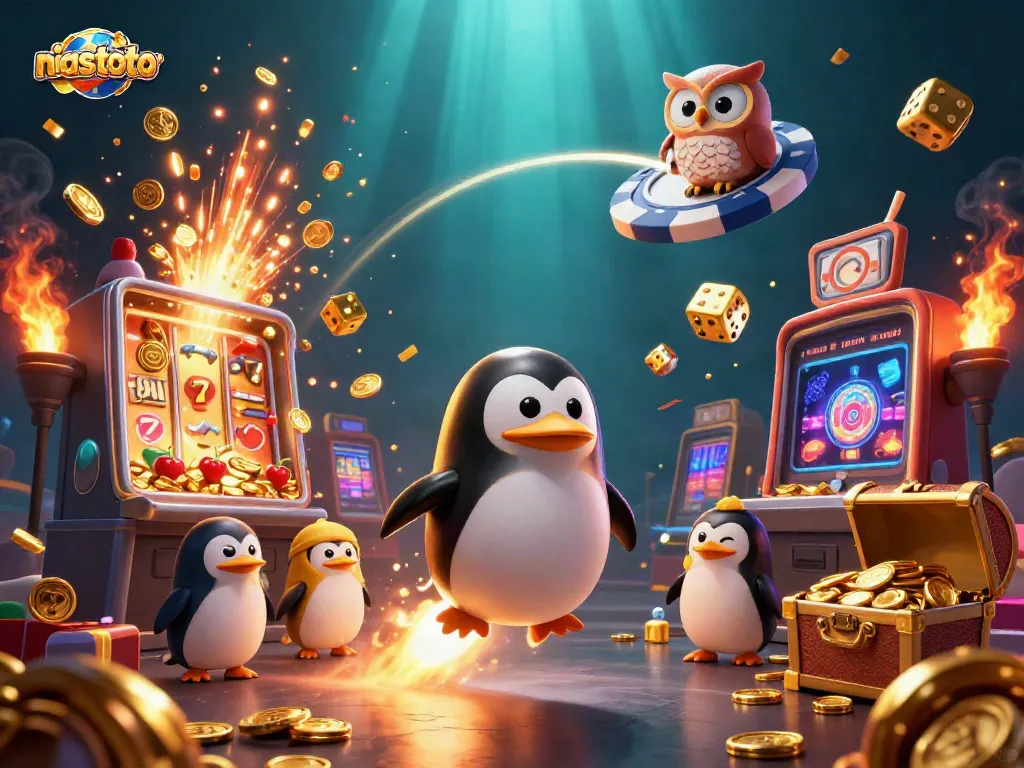 Win big with niastoto! A golden penguin blasts through a dynamic casino scene.