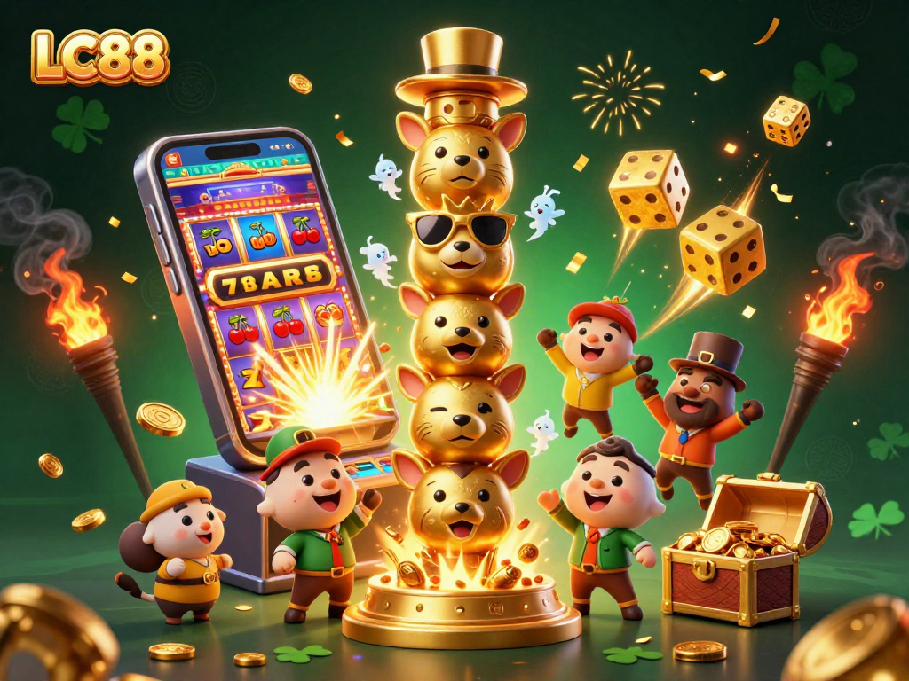 Engage in exciting gameplay at LC88 with vibrant casino illustrations featuring slot machines.
