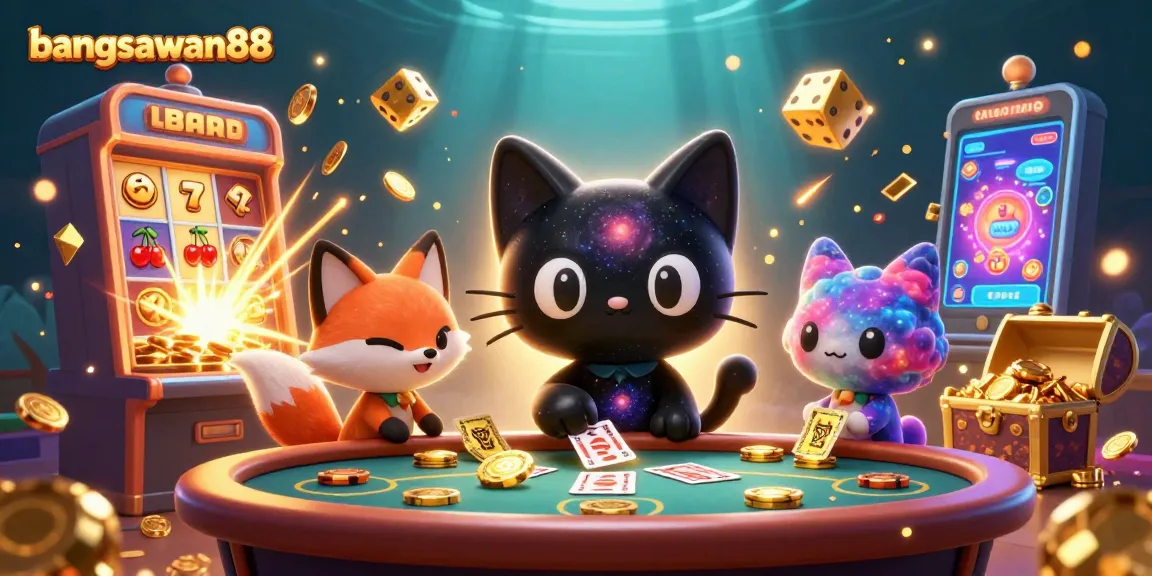 Bangsawan88 cat and fox amuse at a cosmic casino, winning golden chips and light show.