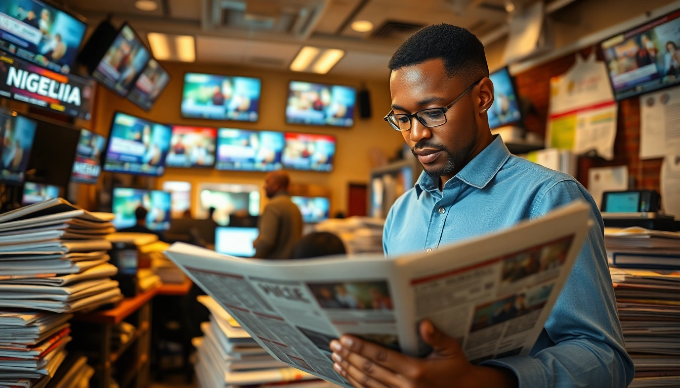 Nigerian Newspapers stacked in a vibrant newsroom with a focused journalist reporting.