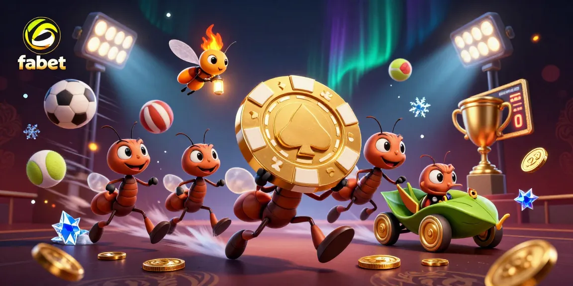 fabet's cartoon ants stealing a giant poker chip while sports elements explode around them, creating excitement