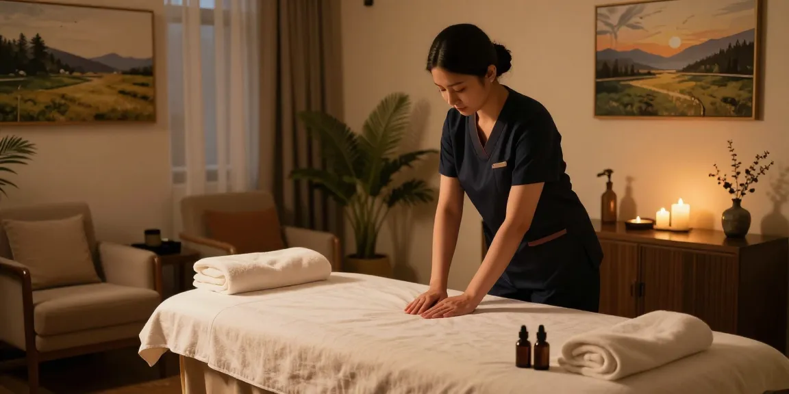 부천출장마사지 service setup in a cozy hotel room with a therapist preparing for a relaxing session.