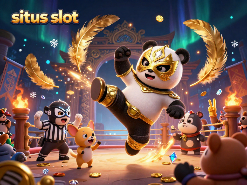 Menangkan situs slot dengan panda gulat 3D yang mengesankan, dikelilingi efek berkilau dan ornamen
