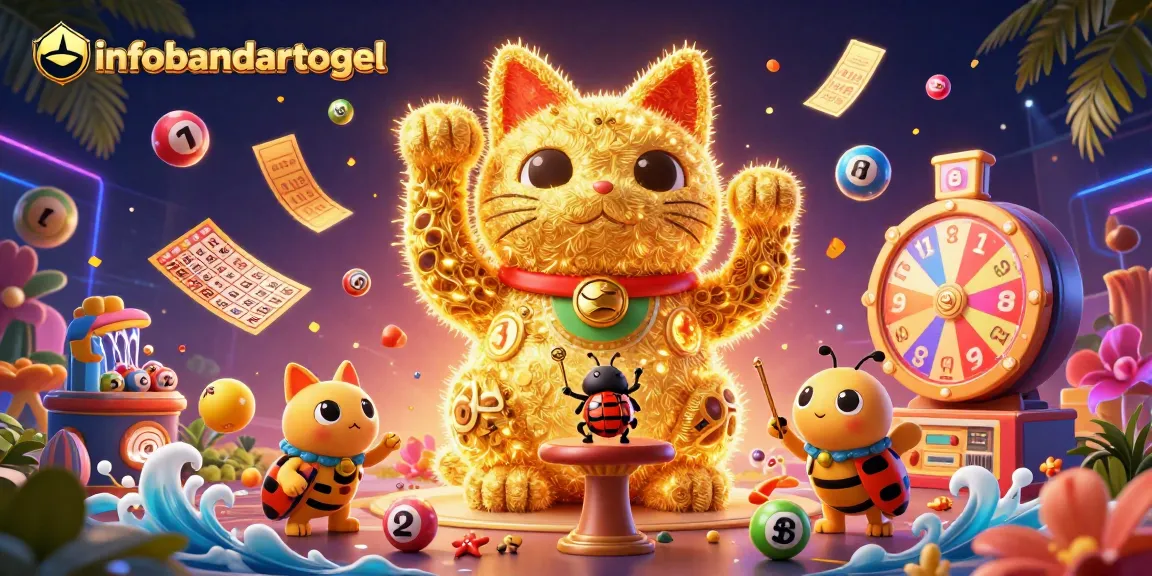 Engage with infobandartogel's vibrant lottery scene featuring a lucky cat, colorful balls, and dynamic game elements.