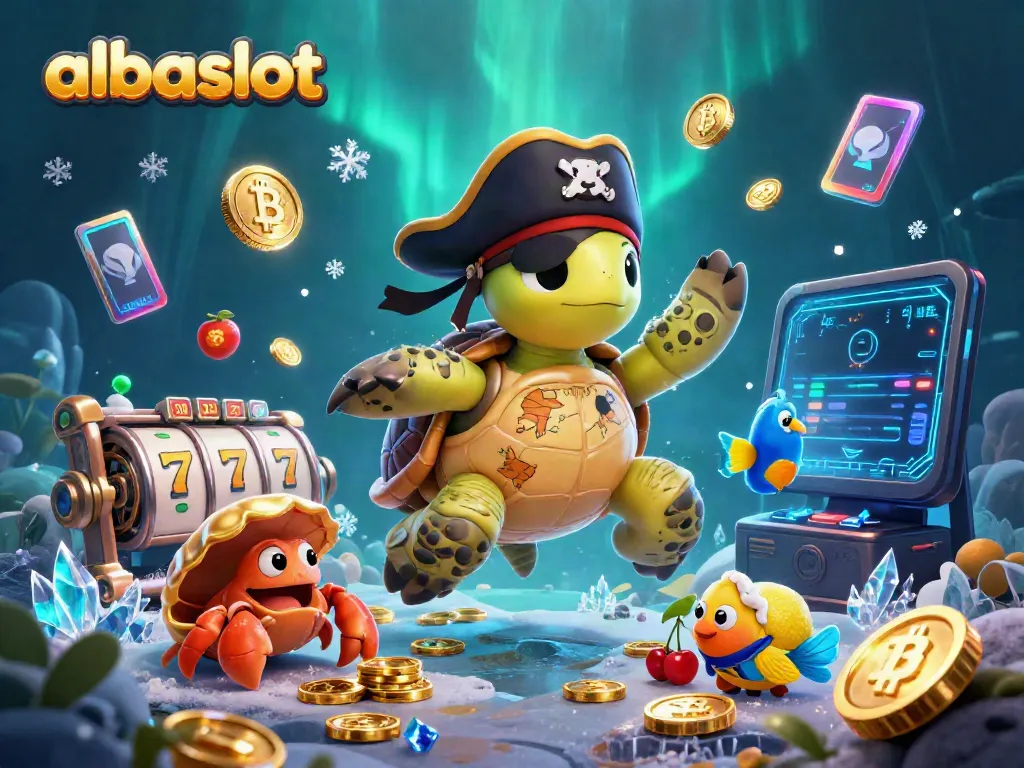 albaslot menampilkan karakter kasino 3D dan simbol slot yang sedang mengapung di atas harta karun.