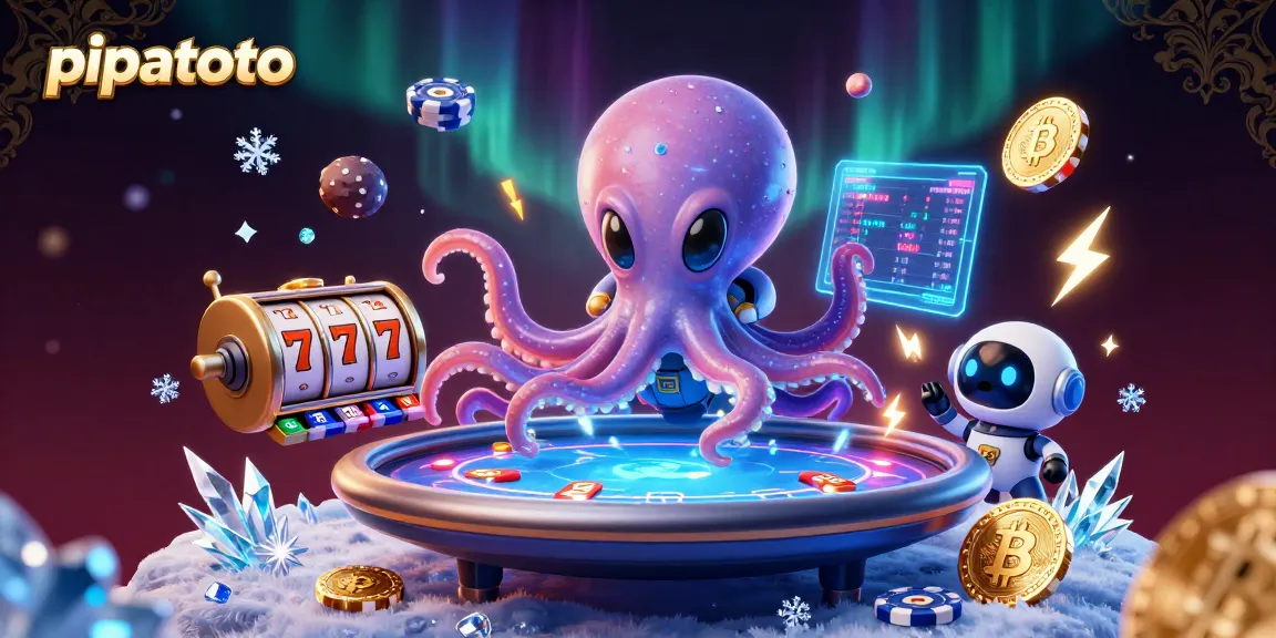 Pipatoto features a dynamic scene with an alien octopus at a poker table, surrounded by chips and crypto coins.
