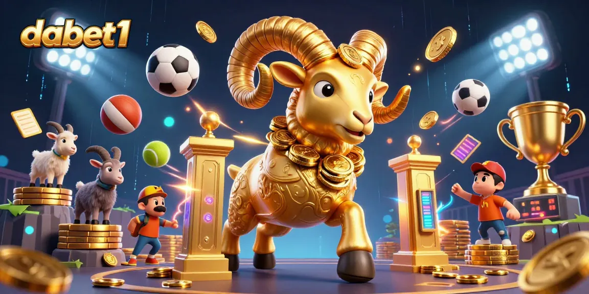 dabet1 showcases an energetic scene with a golden ram charging through golden gates amidst sports elements