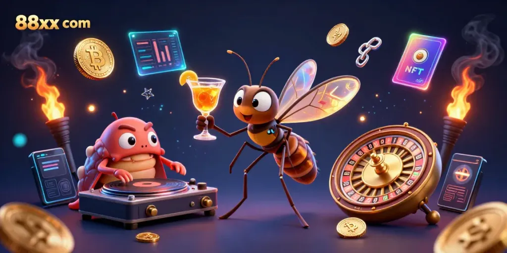 Experience thrilling games at 88xx com with a vibrant 3D casino scene featuring unique mascots and stunning elements.