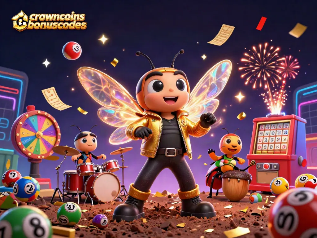 Enjoy the excitement with crowncoinsbonuscodes as a cicada rock star and beetle drummer celebrate in a vibrant casino scene.