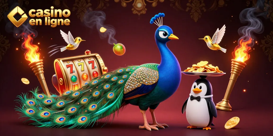 Vivez l'excitation du casino en ligne avec un paon, un pingouin et un colibri, entourés de machines à sous.