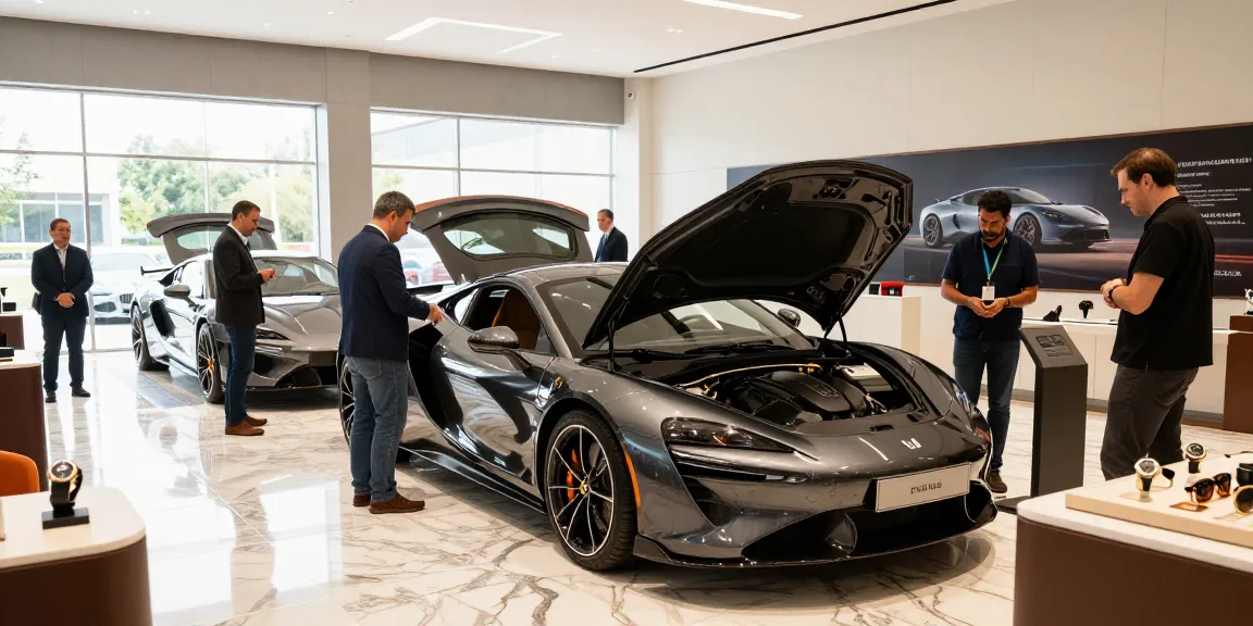 Pengunjung melihat mobil mewah LUXURY 777 di showroom mobil, suasana elegan dan modern.