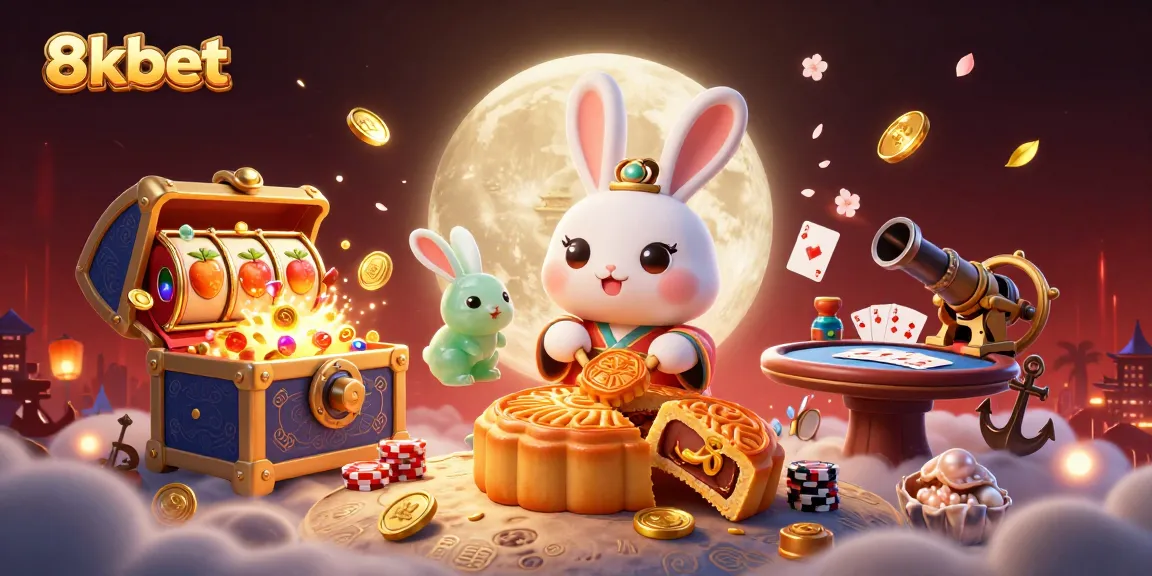 Join the excitement at 8kbet with our vibrant 3D illustration showcasing casino elements in a whimsical lunar setting.
