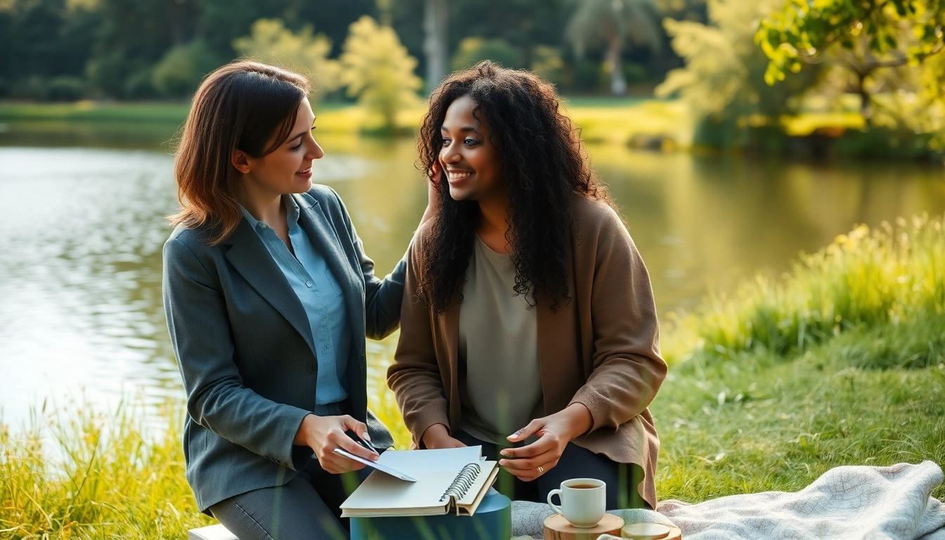 Empowering life coaching session focusing on personal growth and clarity in a serene natural setting.