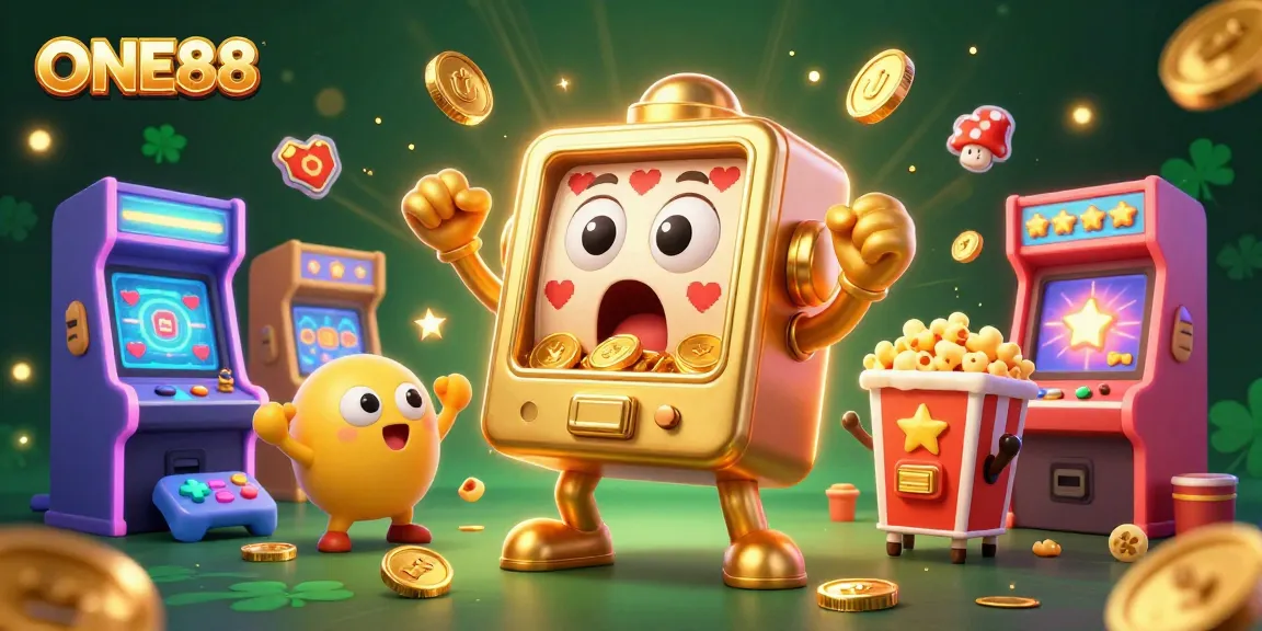 Engage with excitement at ONE88, where golden slot machines celebrate jackpots amid dazzling game visuals.