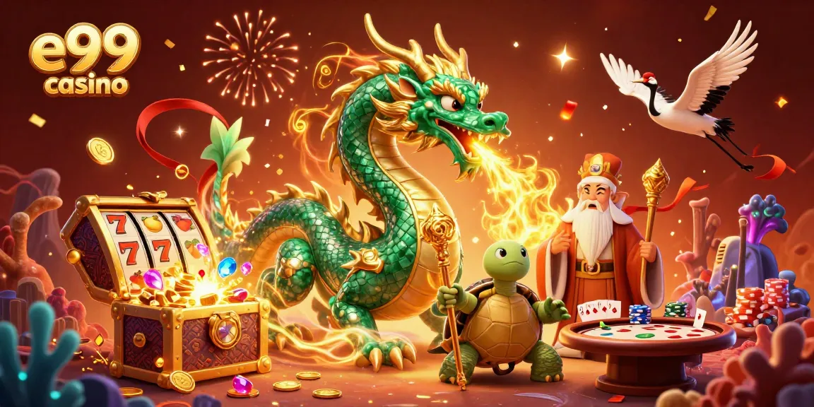 Experience the magic of e99 casino with a vibrant 3D illustration of a jade dragon amidst casino elements.