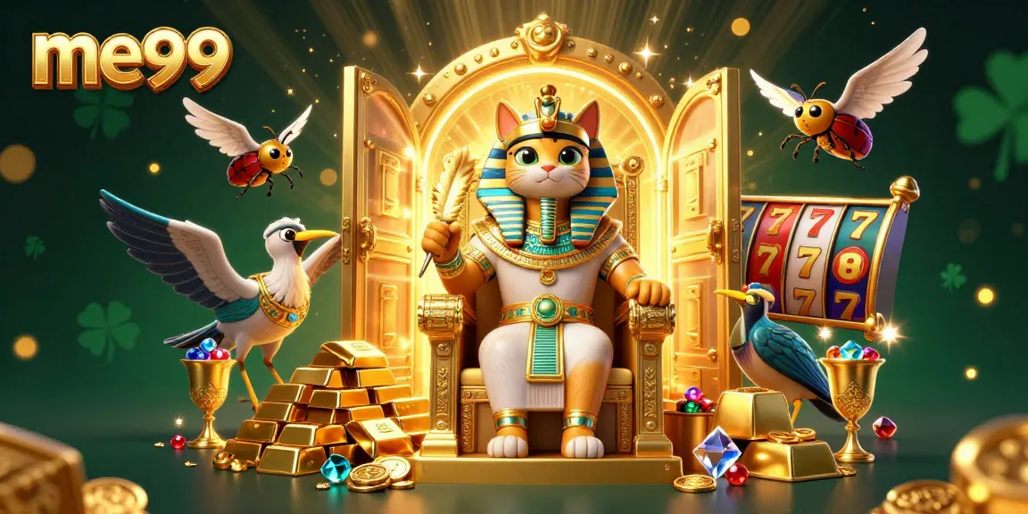 Experience thrilling gameplay with me99’s Egyptian-themed casino illustration, capturing rich gaming elements and energy.