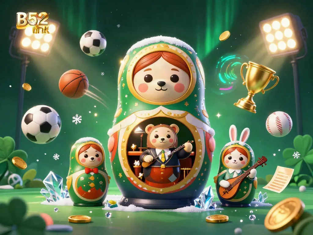 B52 link incorporates 3D colorful casino gaming elements with unique Matryoshka bears and vibrant atmosphere.