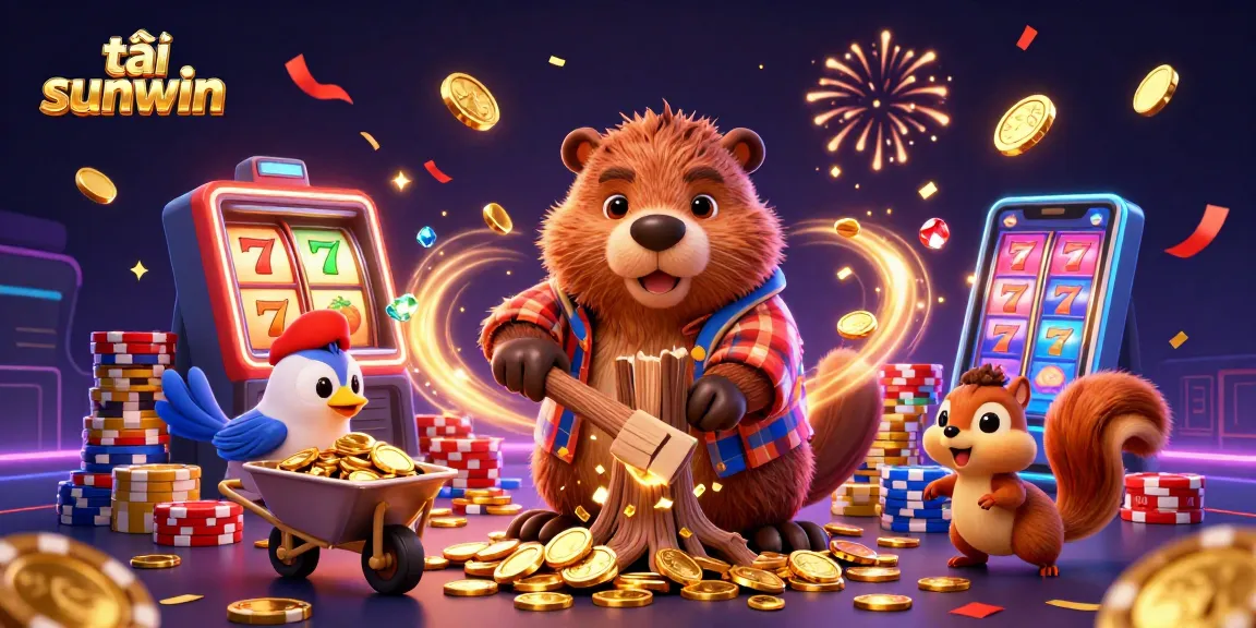 Engage in premium gaming with tải sunwin as a beaver collects golden coins in this vibrant casino scene.
