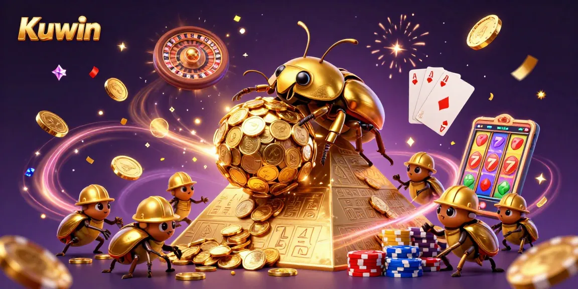 Kuwin offers thrilling casino gaming, featuring golden coins and jackpot elements in a vibrant 3D illustration.