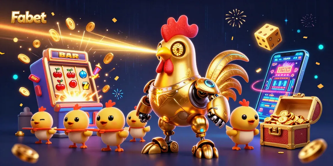 Fabet's dynamic casino scene featuring a golden rooster robot and jackpot excitement in 3D