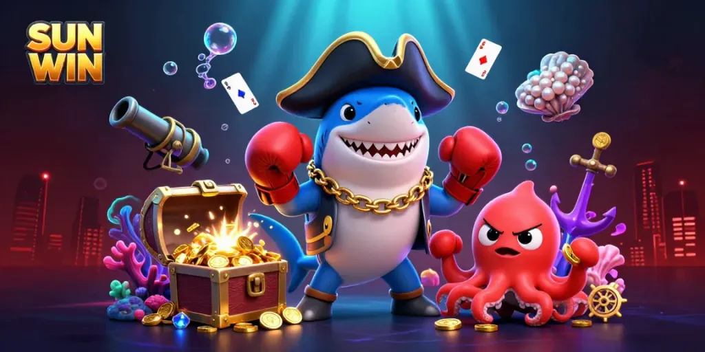 Engage in thrilling play as SUN WIN features dynamic characters including a pirate shark, pufferfish, and octopus amidst casino-inspired underwater elements.