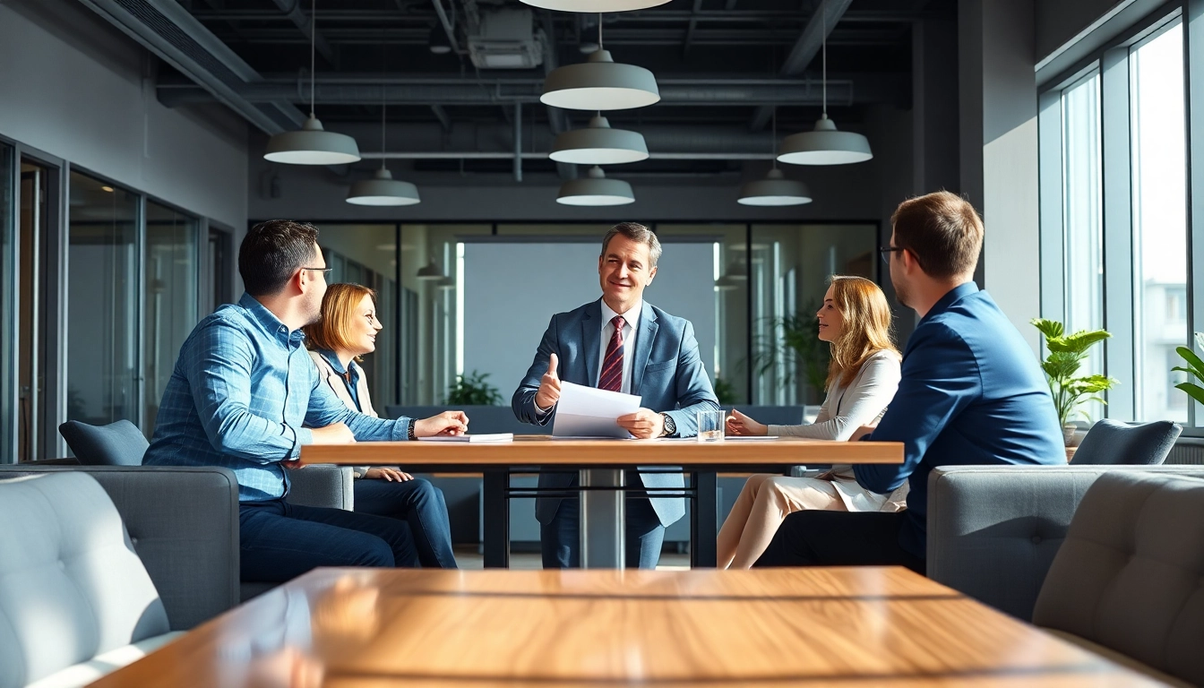 General manager leading a strategic meeting in a modern conference room with team members.