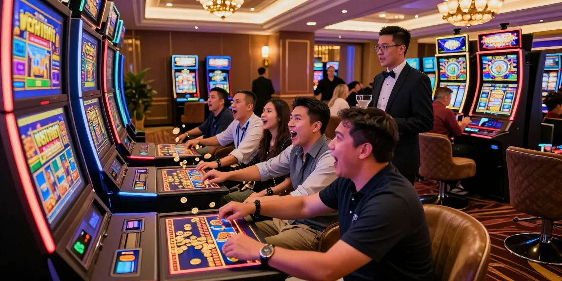 Players engaging at a slot gacor machine in a lively casino, showing excitement and vibrant decor.