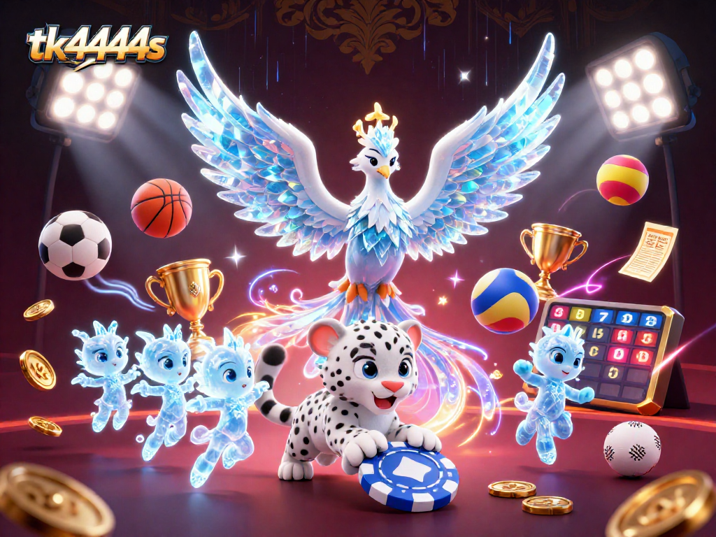Engage in thrilling gameplay with tk444s featuring a magical scene of a phoenix, snow leopard cub, and sports action.
