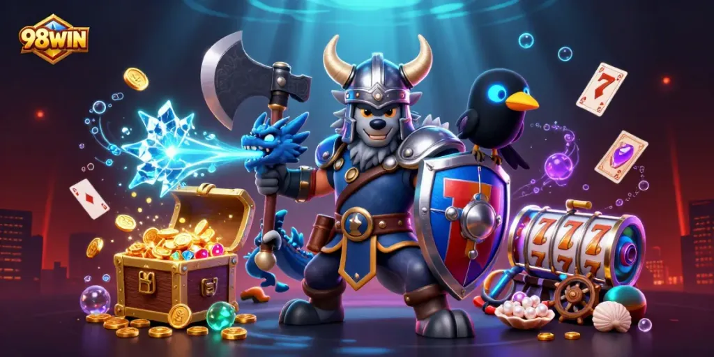 Win big at 98WIN with an exciting 3D casino adventure illustration showcasing legendary characters.