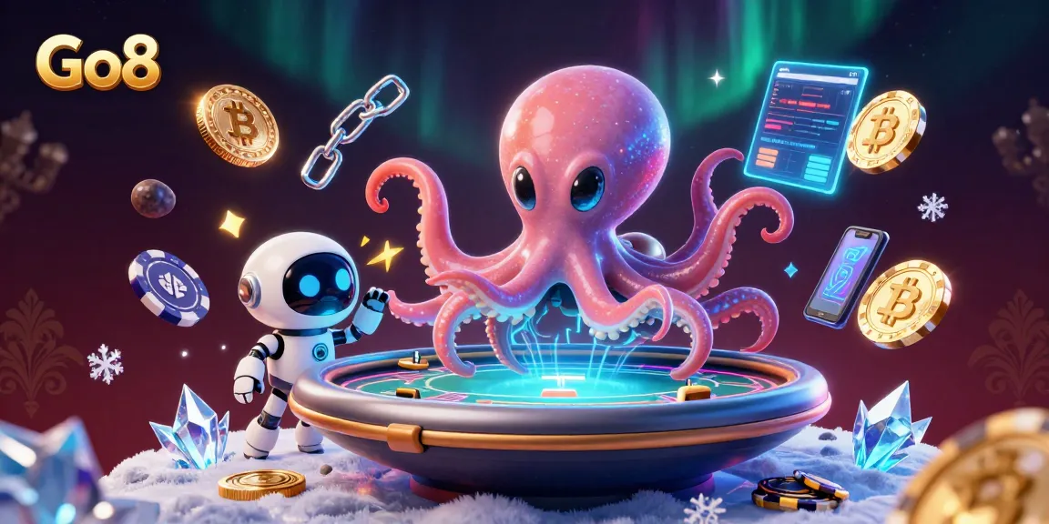 Go8 aliens playing poker with holographic elements in a vibrant cosmic casino scene.