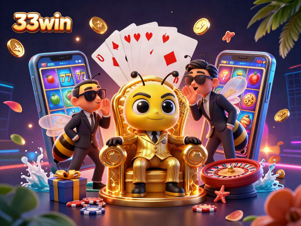 Engage with 33win's vibrant casino scene featuring a bumblebee mob boss and thrilling slot games.
