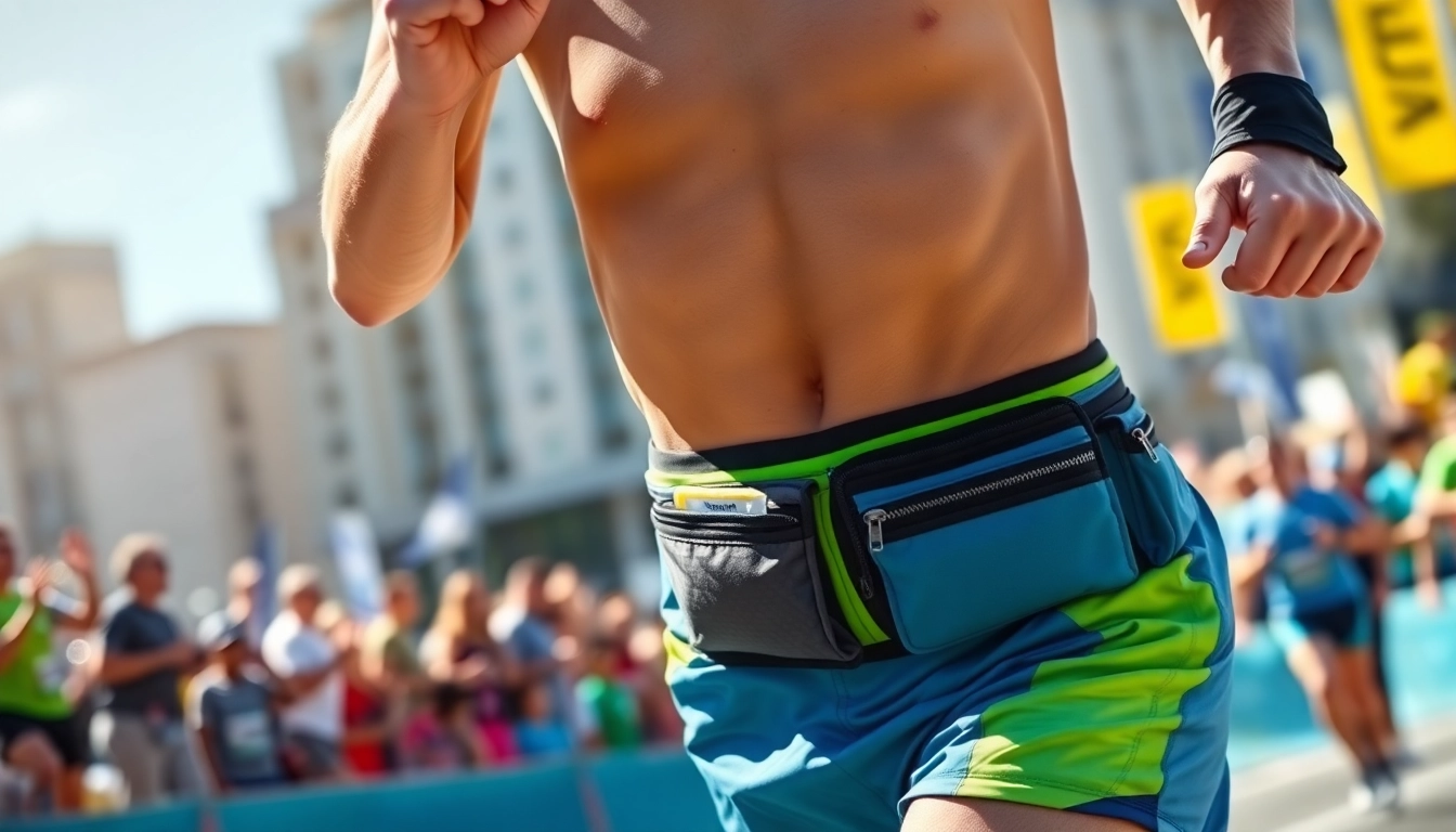 Runner showcasing a flexible marathon running belt while sprinting on a city road.