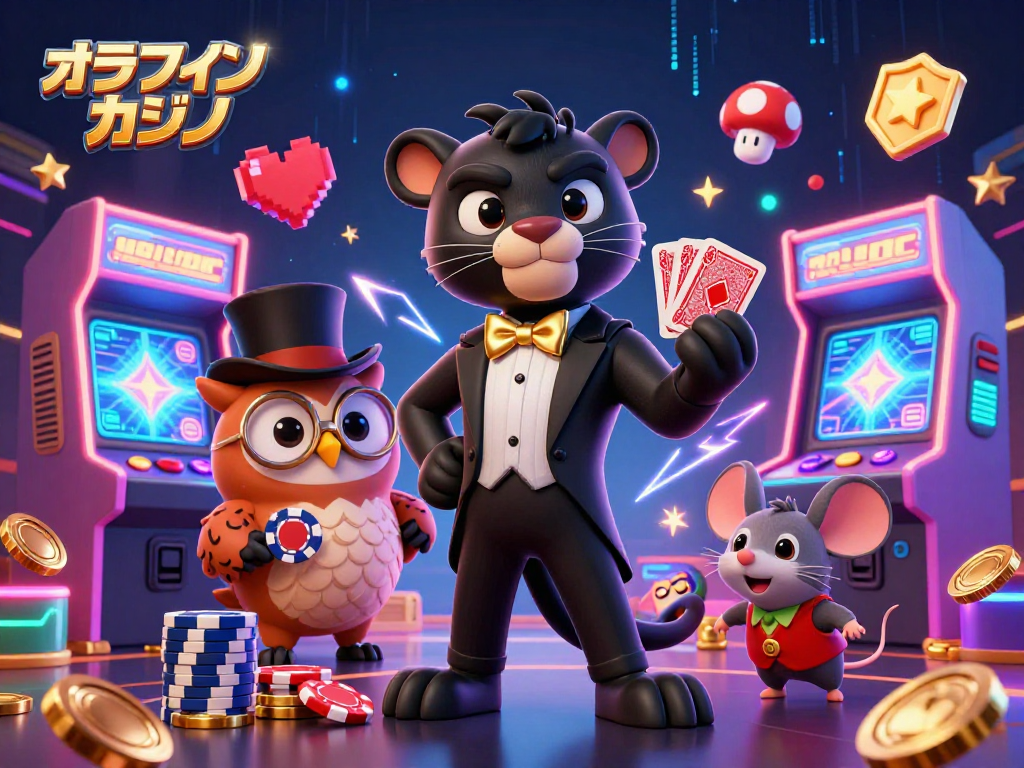 オンラインカジノでカードを扱うスタイリッシュな黒ヒョウと可愛いフクロウのイラスト
