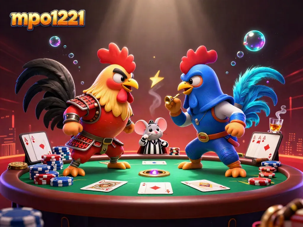 Engage in gaming excitement with mpo1221 featuring a dramatic rooster showdown amid poker chaos.