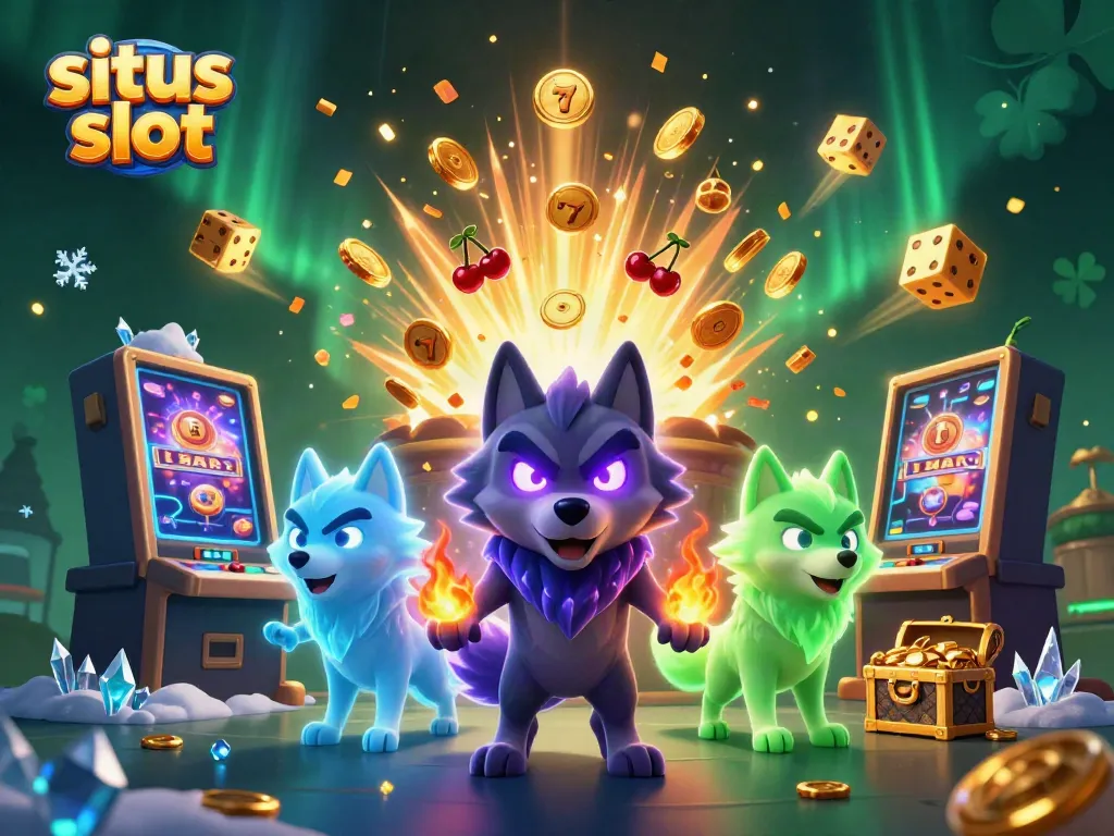 Tokoh utama beruang serigala dengan mata ungu bersinar dalam dunia slot, simbol jackpot berhamburan.