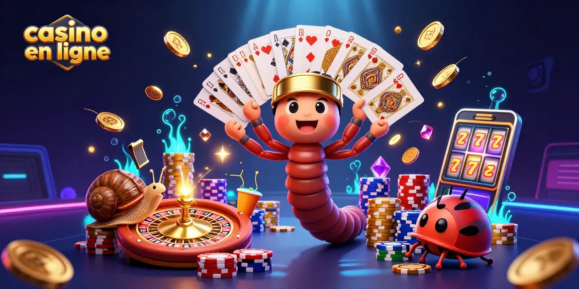 Jouez au casino en ligne avec des cartes, des jetons et des gains éclatants dans une illustration colorée.