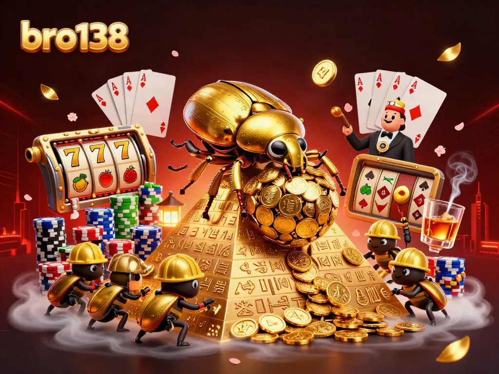 Spin and win with bro138 as cartoon beetles promote a vibrant casino atmosphere.
