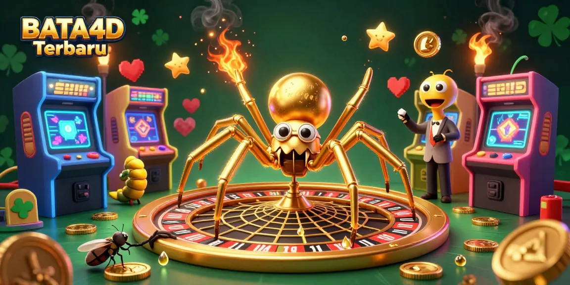BATA4D Terbaru showcases a golden spider and centipede croupier gambling in a vibrant, 3D casino scene.