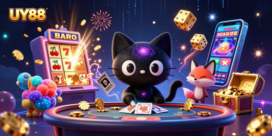 Experience the excitement of UY88 at a cosmic casino with vibrant characters and thrilling game elements.