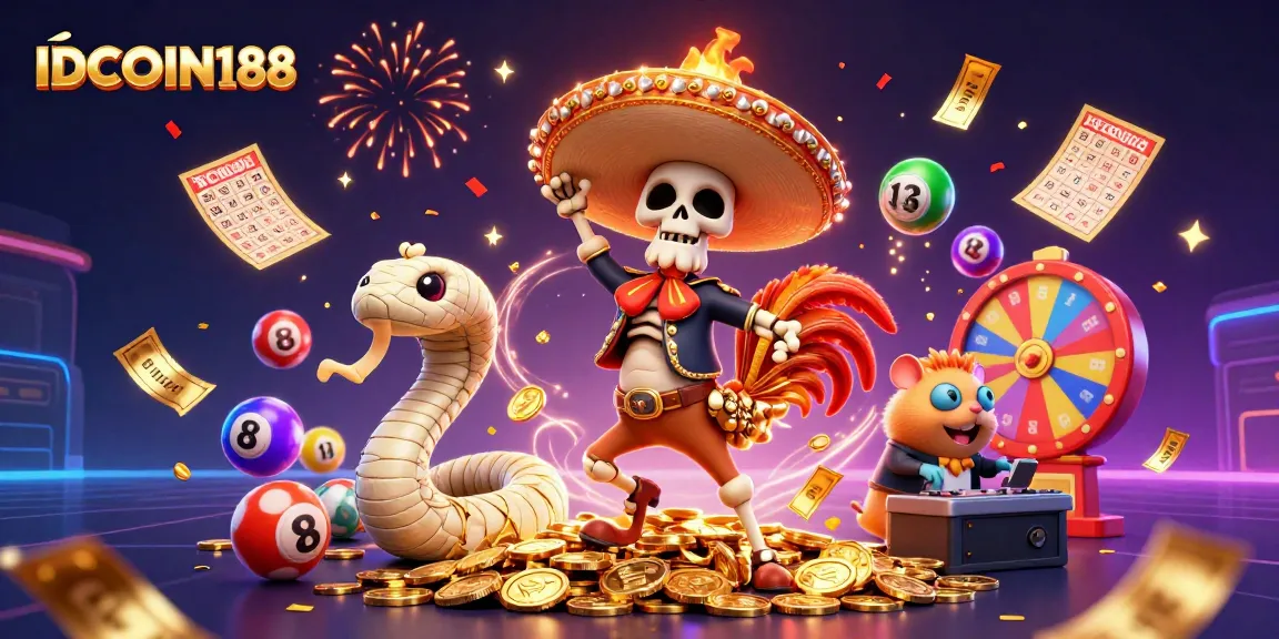 IDCOIN188 showcases a lively 3D scene filled with vibrant lottery elements and festive characters.