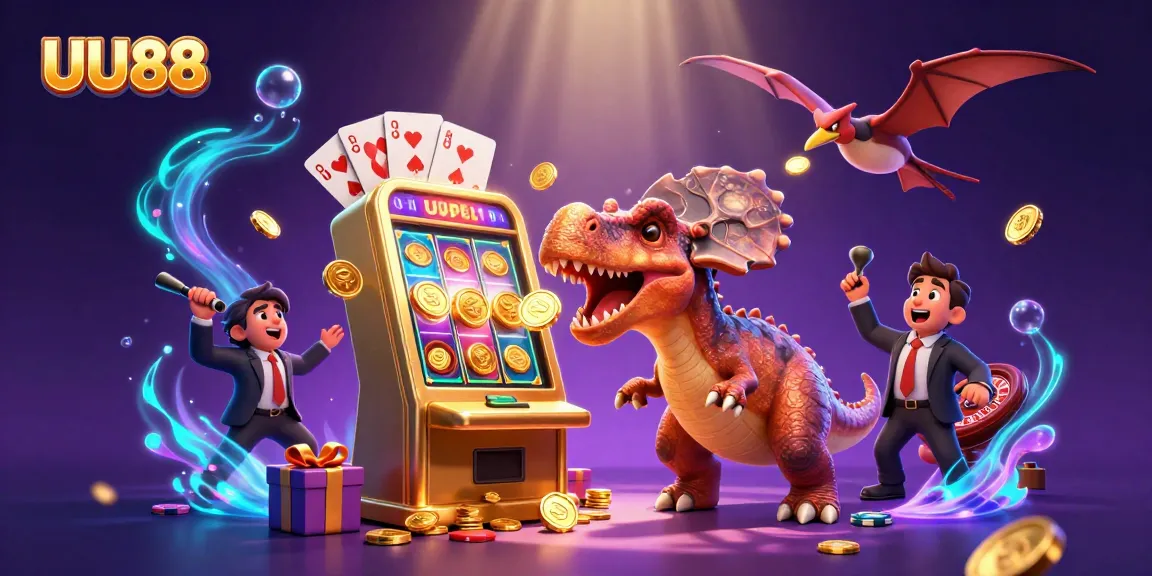 UU88 attracts players with an exciting jackpot scene featuring a pachycephalosaurus and glowing coins.